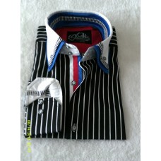 Black and White Striped Shirt with White and Blue Double Collar and Black and White Striped Trim