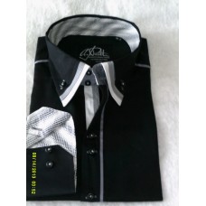Black Shirt with Black, White and Black and White Print Triple Collar and Black and White Trim