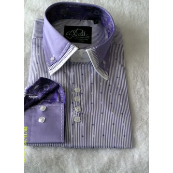 Purple and White Striped Print Shirt with White, Purple and White and Purple Print Triple Collar