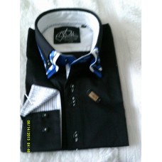 Black Shirt with Black, White and Blue Print Triple Collar and Blue and Black Print Trim