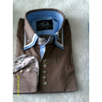 Brown Shirt with Brown, White and Baby Blue Triple Collar and Baby Blue and Brown Paisley Trim