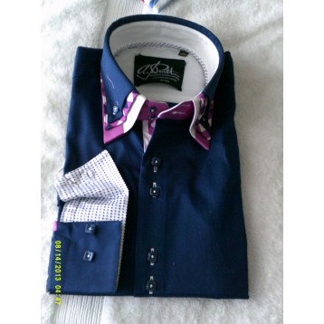 Navy Blue Shirt with Purple and Purple Print Triple Collar
