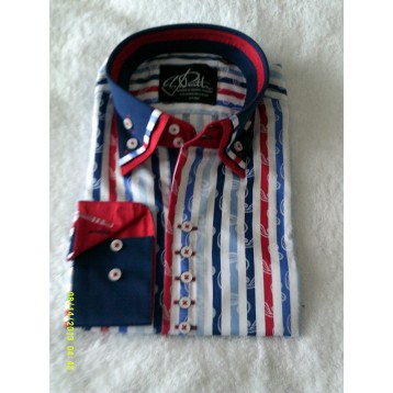 Blues and Red Striped Print Shirt with Navy Blue, Red and Striped Print Triple Collar