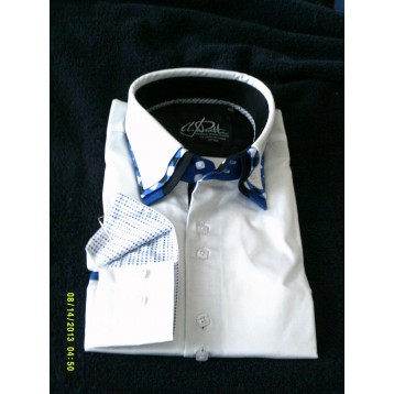 White Shirt with Blue, Black and White Print Triple Collar