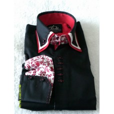 Black Shirt with Red and White Paisley Triple Collar