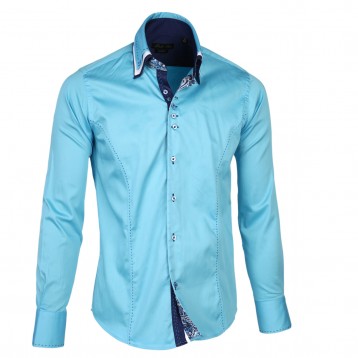 Solid Turquoise Triple Collar with Blue Paisley Trim, 800 Thread Count, Satin Egyptian Cotton Shirt