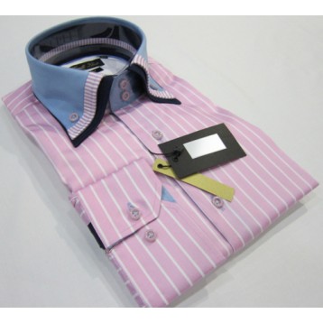 Pastel Pink & White Striped Shirt with Baby Blue, Pink Striped and Black Triple Collar