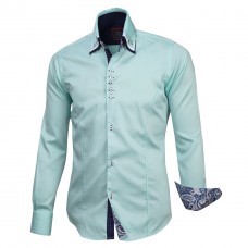 Aqua Triple Collar with Navy Paisley Trim, 800 Thread Count, Satin Egyptian Cotton Shirt