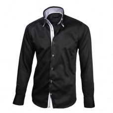Black Sateen Shirt With Black & White Double Collar