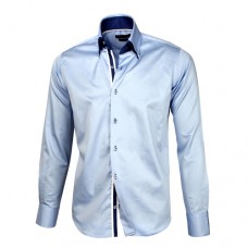 Pastel Blue Sateen Shirt With Pastel Blue & Blue Double Collar
