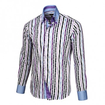 Purple, White & Black Striped Shirt With Baby Blue & Purple Double Collar